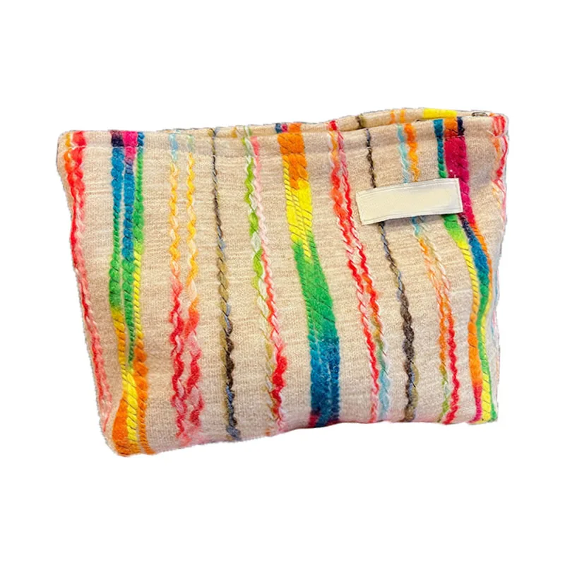 Retro Simple Niche Contrast Color Rainbow Stripe Thickened Woolen Makeup Bag Portable Toiletry Bag Travel Skincare Storage Bag
