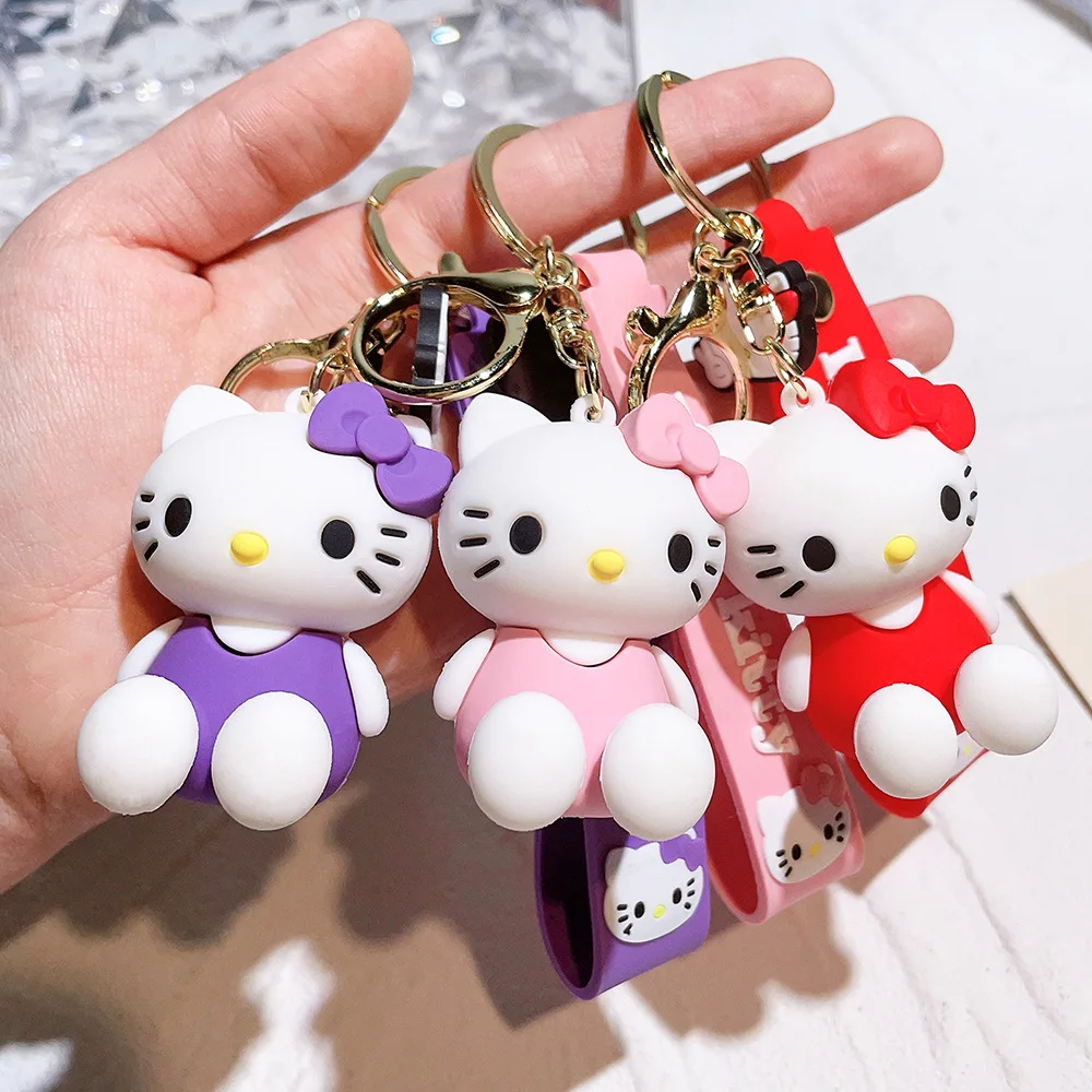 Cute PVC Wrist Strap Car Keychain Accessories Bag Ornament Doll 3D Silicone Hello Kitty KT PVC Gold Key Rings Gift Keychain