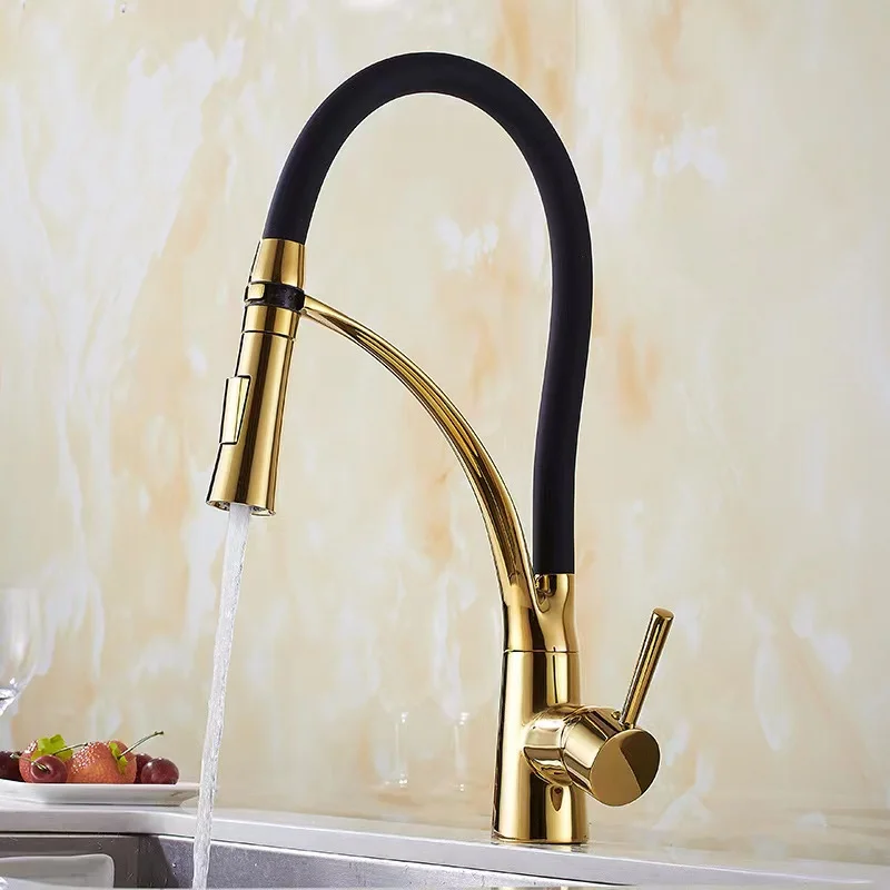 High-End Luxury Brass Gold Kitchen Faucet 360-Degree Rotation Dual Function Sprayer Pull Out Faucets Hot And Cold Water Tap