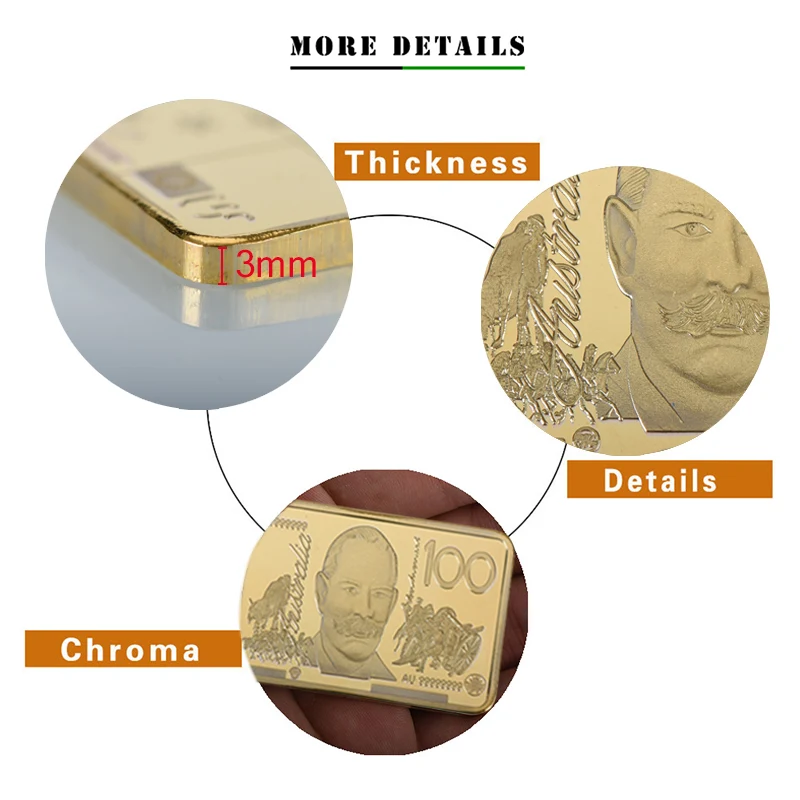 Wholesale Square Commemorative Coin Australia 100 AUD Metal Gold Plated Bullion Bars for Souvenir Gift
