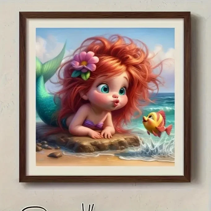 Mermaid & Fish DIY Diamond Handicraft Set - Charming Cartoon Theme, Perfect Home Décor Project, Shiny Round Gemstones,Large Size