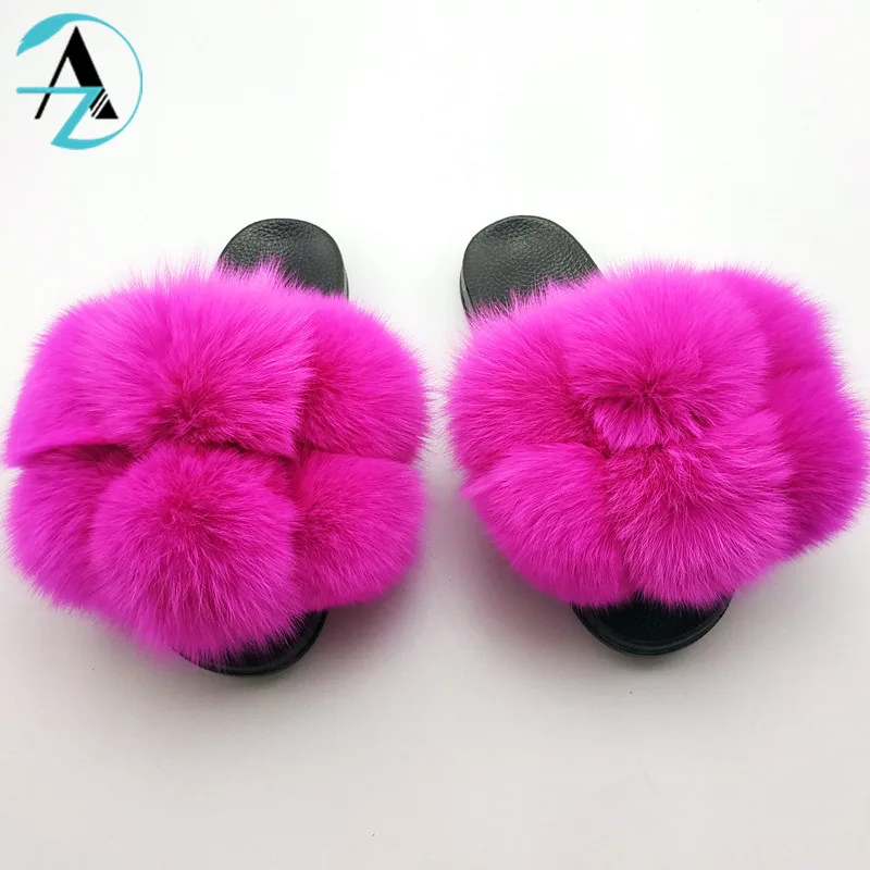 
Custom US Hot Sale PVC Sole Colorful Ratatable Six Balls Women Fur Slides Fluffy Real Fox Fur Slippers 