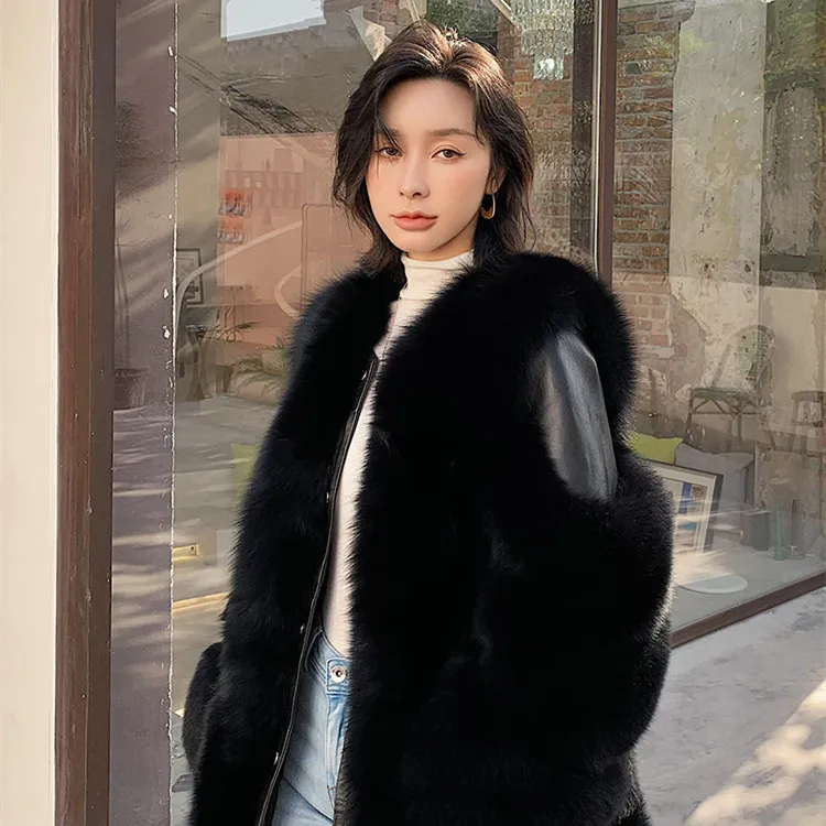 Factory wholesale custom spot Luxury fox fur and real leather jacket short women real fox fur coat natural leather fox mink coat