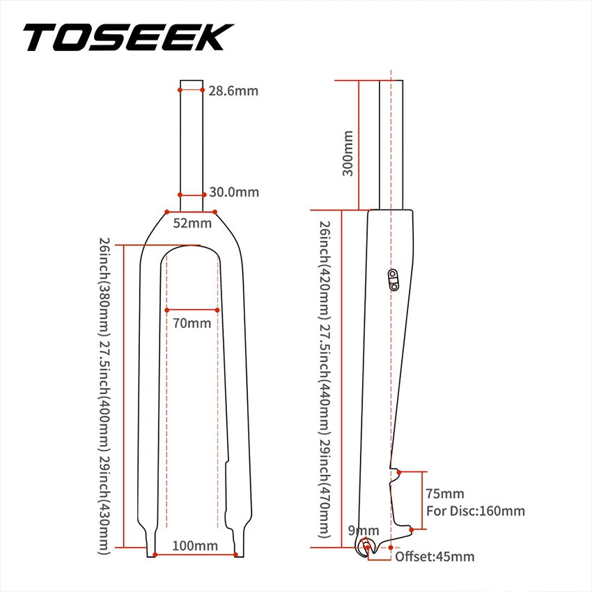 Original Production Toseek Straight Disc Brake 9*100mm Qr5-Color Bright Cursor Xc Rigid Bike Front Fork Carbon Fork Mtb
