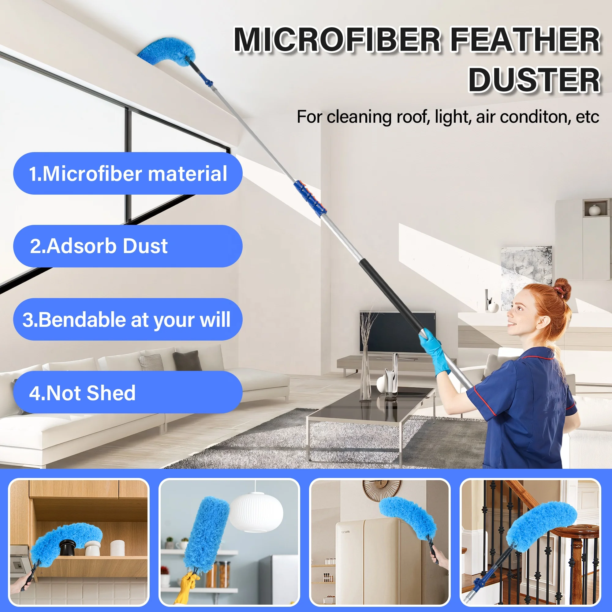 Lightweight Sturdy Window  brush Squeegee  Cobweb  Microfiber  Dusters Cleaning Kit with 30 Foot Telescopic Extension Pole