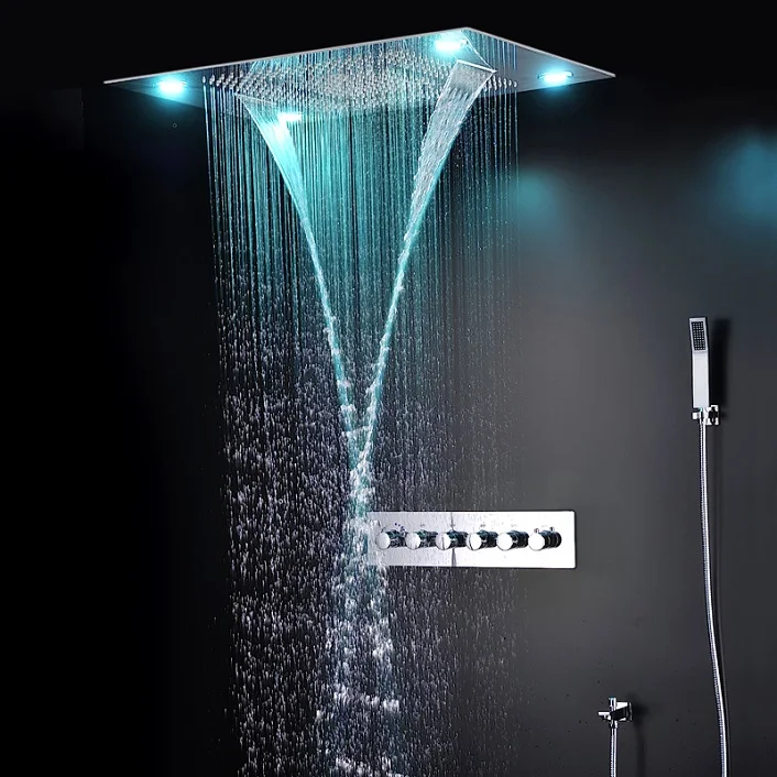 waterfall 600*800 MM Ceiling Concealed Mounted rainfall rain curtain mist led shower set stainless steel thermostatic shower