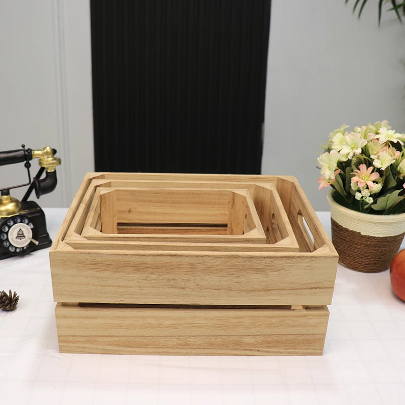 Home Decor Handmade 3 pcs Stackable Vegetable Fruit Open No Lid Organizer Paulownia Wooden Storage Crate Box