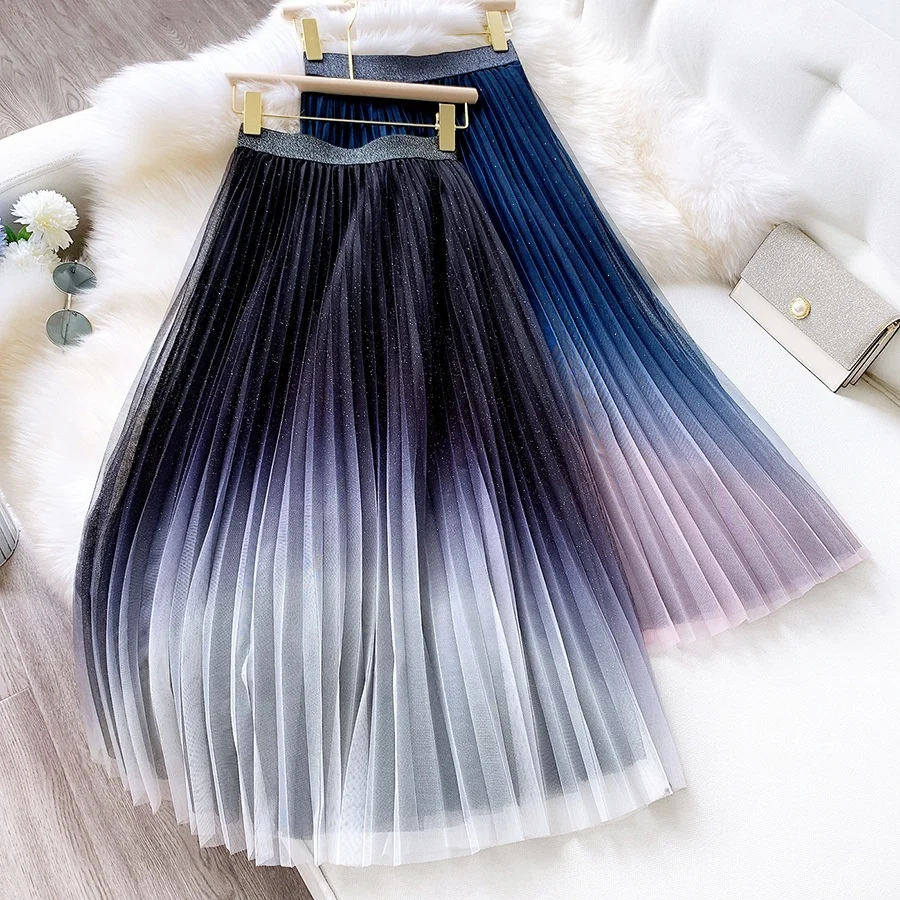 Star Gradient Color Net Yarn Skirt Female 2021 Autumn And Winter Glitter Tulle Pleated Fairy Thin