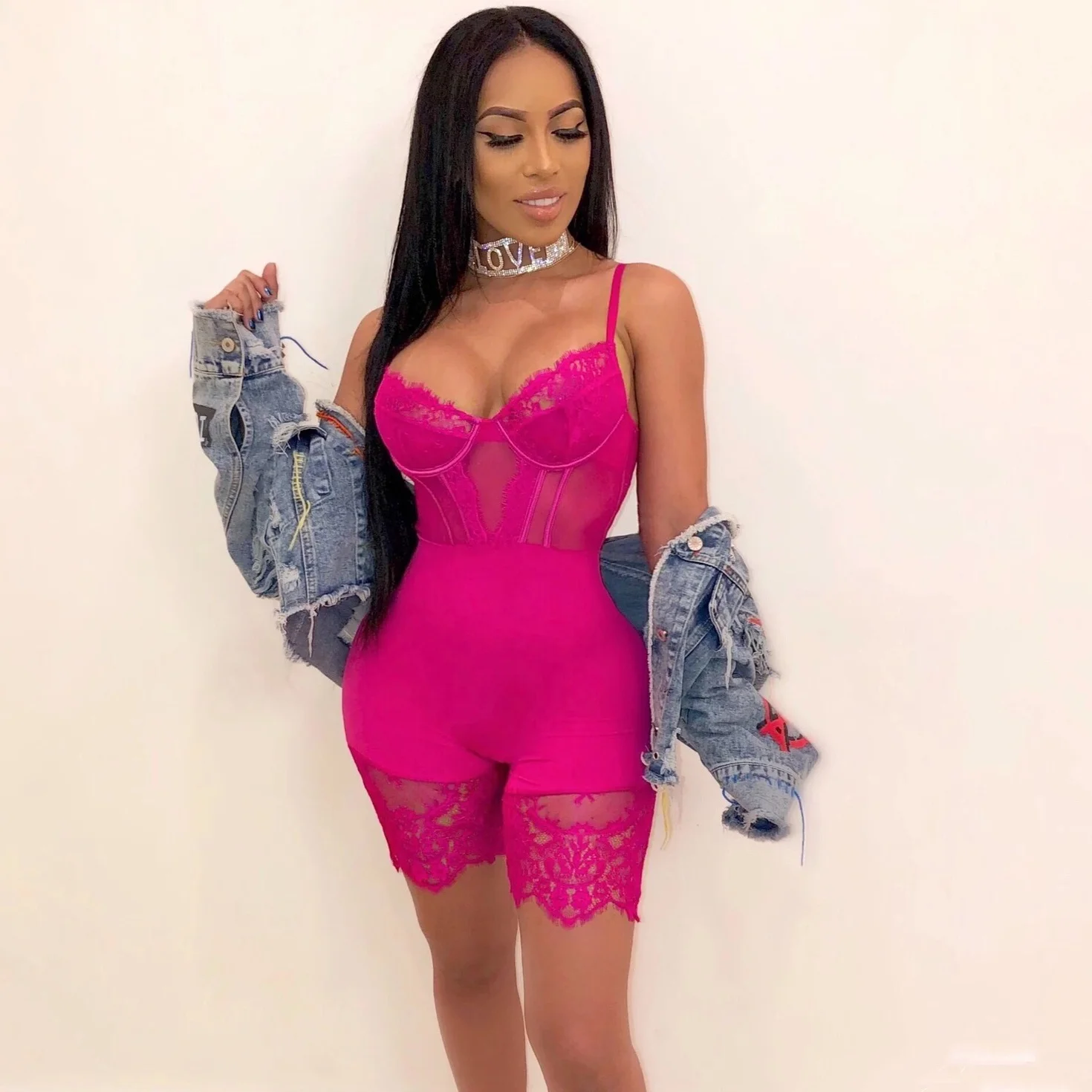 wholesale women 2021 sexy one piece playsuit for women shorts skinny solid color lace exercise women casual jumpsuit