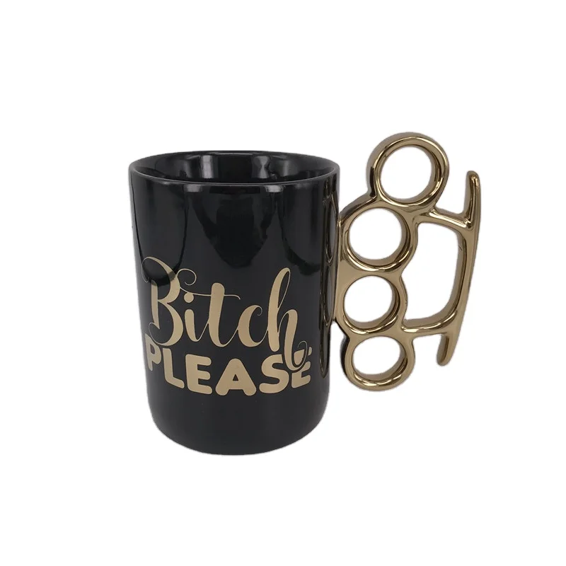 BSCI factory Custom 16oz black cup ceramic mug with nuckle shape handle