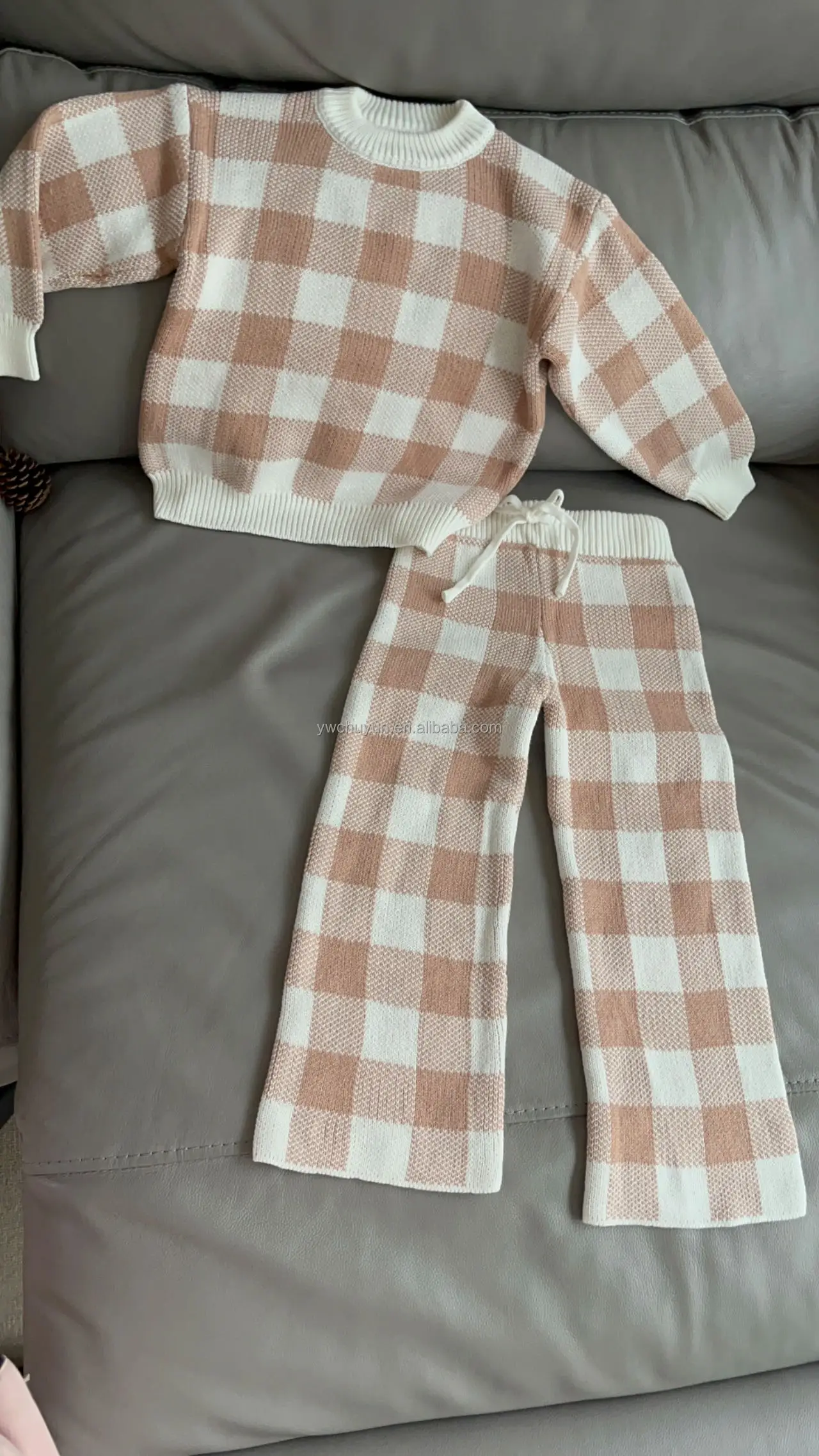 Cotton Yarn Checkers Winter Autumn Casual Lounge Suits Children Baby Knit Sweater Set