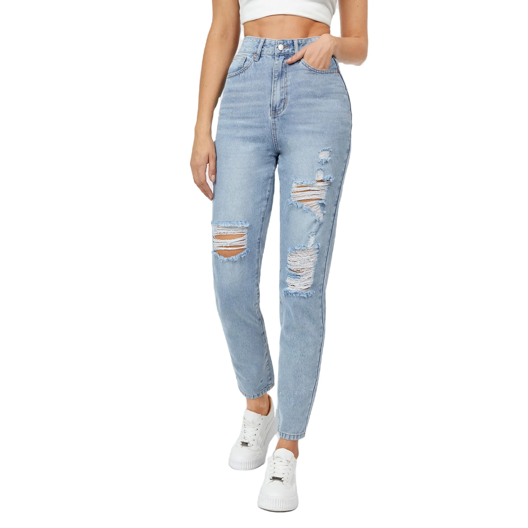 Stock High Waist Straight Women Jeans Fashion Blue Light Washing Denim Jeans Ready To Ship