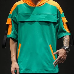 Hipster multi pockets swag short sleeve streetwear Men T shirt Fashion colorful splice hooded  Hip Hop Men Oversized Tees Tops