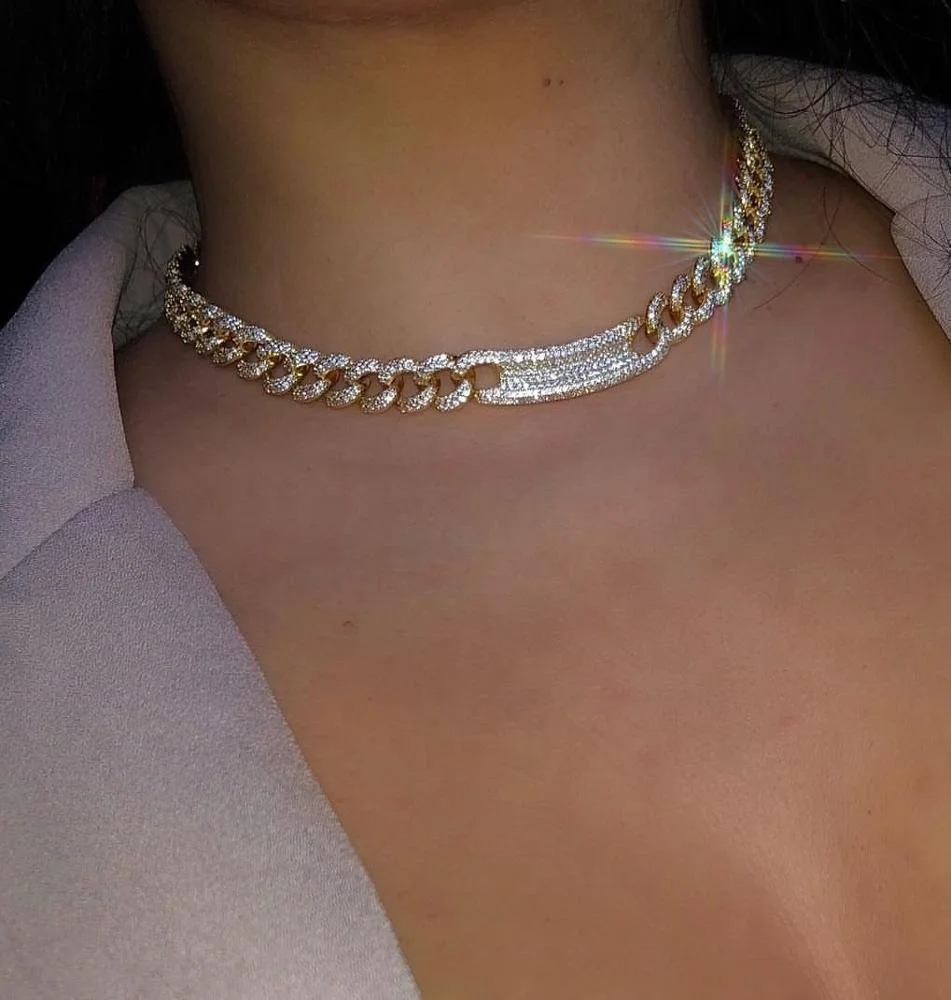 iced out bling silver 18k gold plated cz cuban link chain bar charm choker necklace