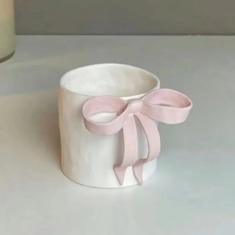 UCHOME Factory directly sell 3d embossed bow handle ceramic coffee mug creative cute girl heart pink princess cup