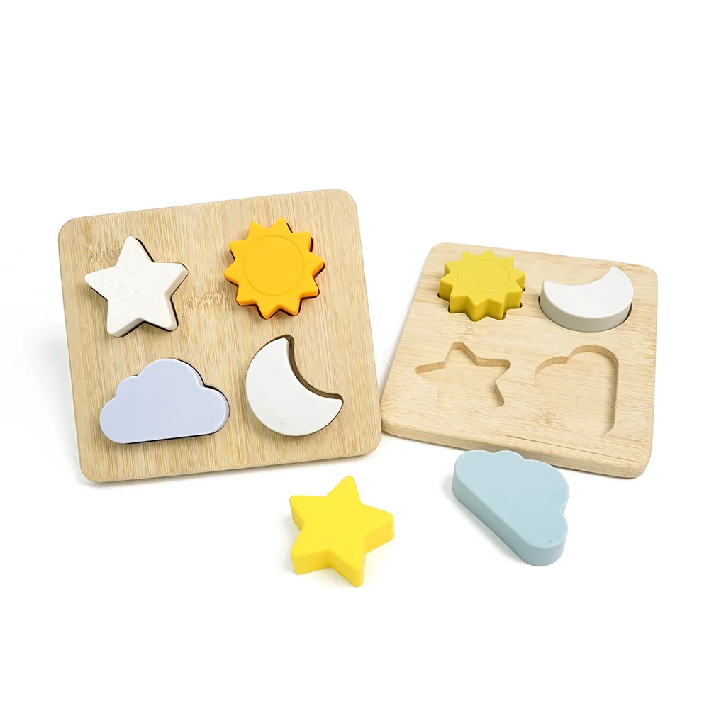 Silicone Puzzle Shape Toy with a  Bamboo Base Stacking Blocks Safe Teething & Squeezing Play BPA Free Educational Toy for Kids