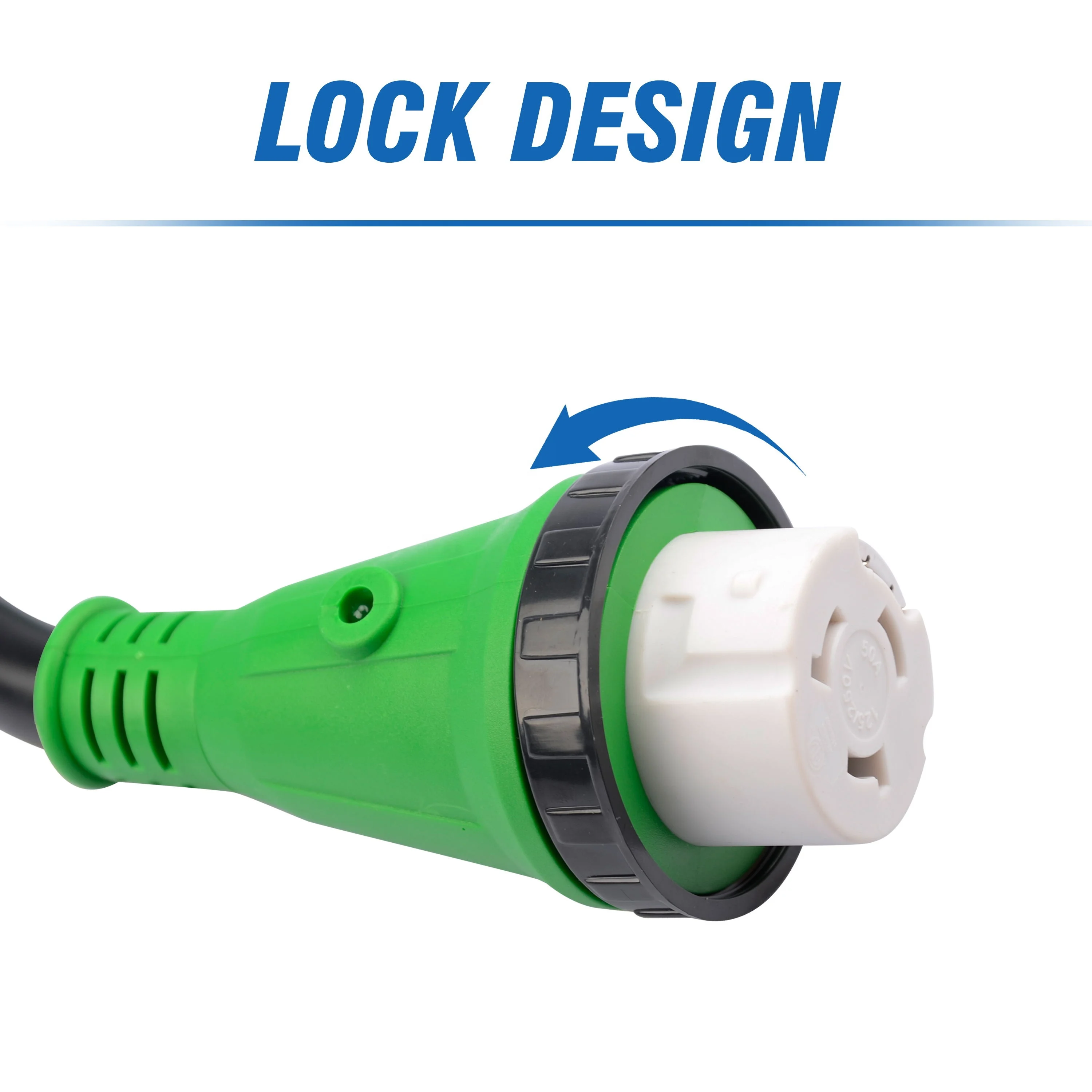 J521 50 Amp 50 Feet RV Power Extension Cord Heavy Duty STW Wire with LED Light NEMA 14-50P to SS2-50R Locking Connector Green