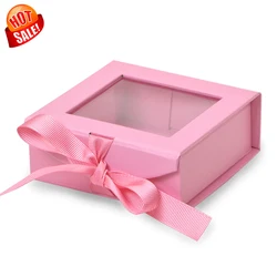 Custom design pink gift box with clear pvc window factory direct sale box for gift with ribbon