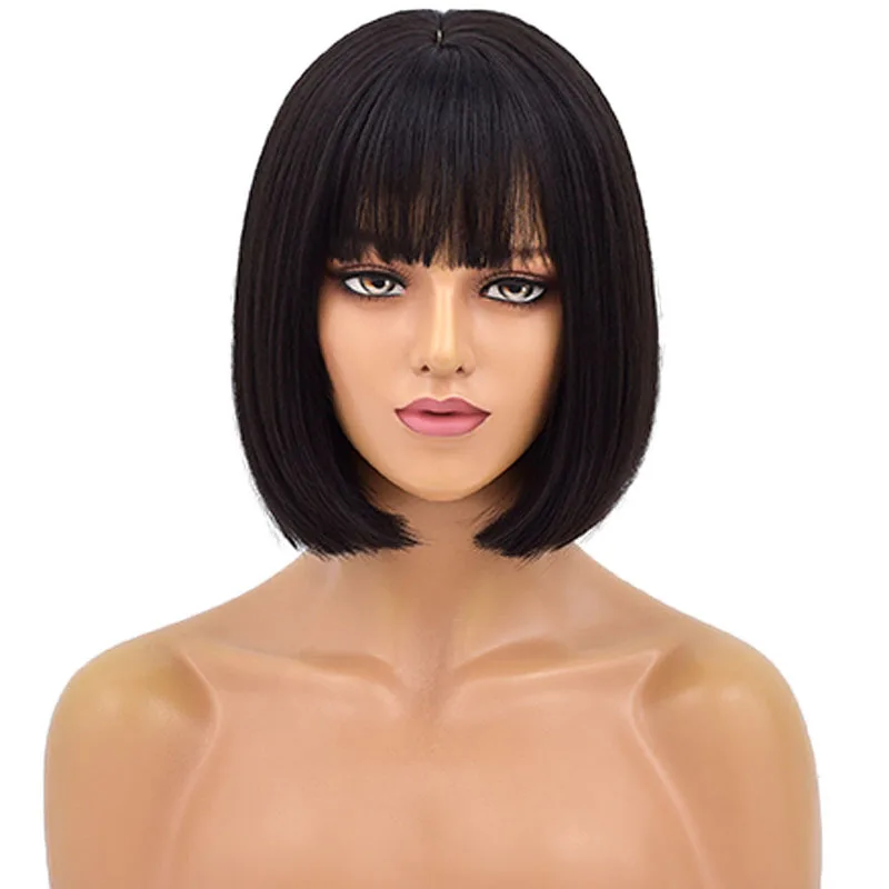 Bob Black Wig 12 Inch Colorful Short Straight Bob Wigs With Bangs Shoulder Length Synthetic Cosplay Daily Party Wigs for Women