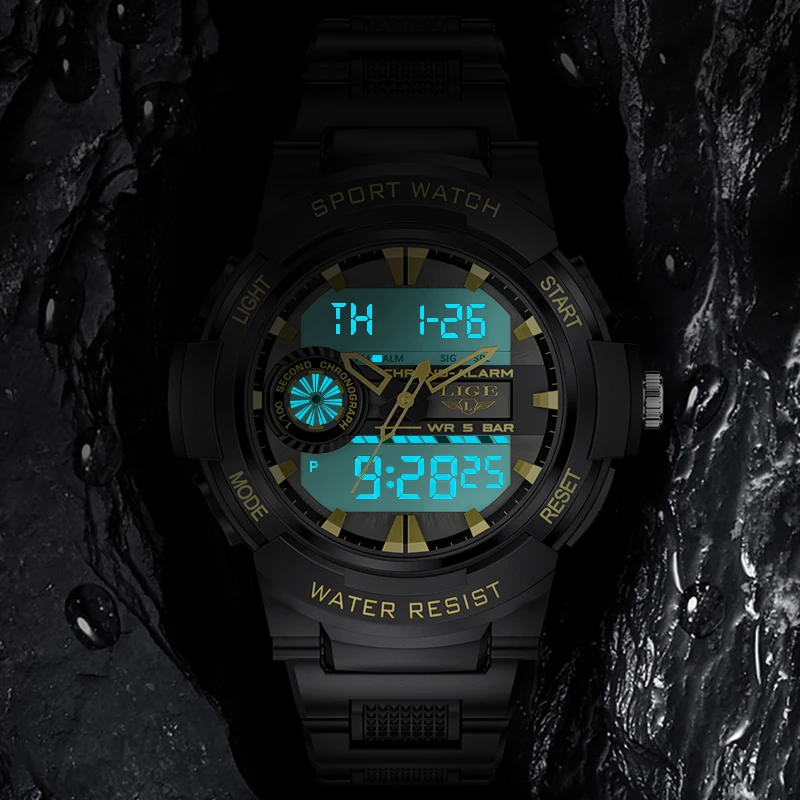 Часы наручные LIGE Мужские кварцевые, водонепроницаемые светодиодные спортивные цифровые с будильником, с коробкой, 50 м