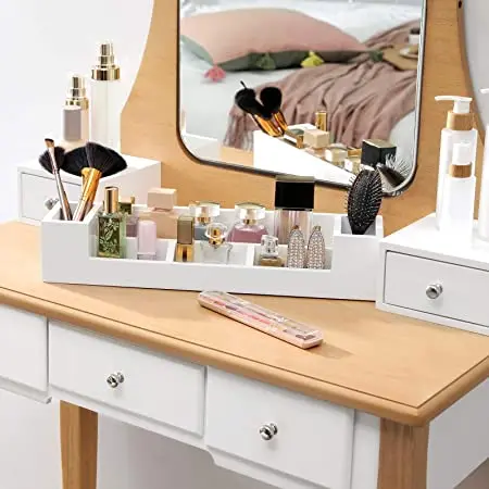 Vanity Set Makeup Dressing Table with Round Mirror 2 Large Drawers with Sliding Rails Cushioned Stool White