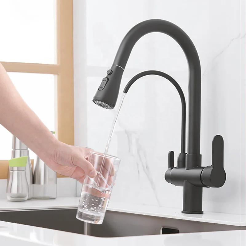 Black stainless steel three functions hot and cold drinking faucet tap pull out kitchen sink faucet