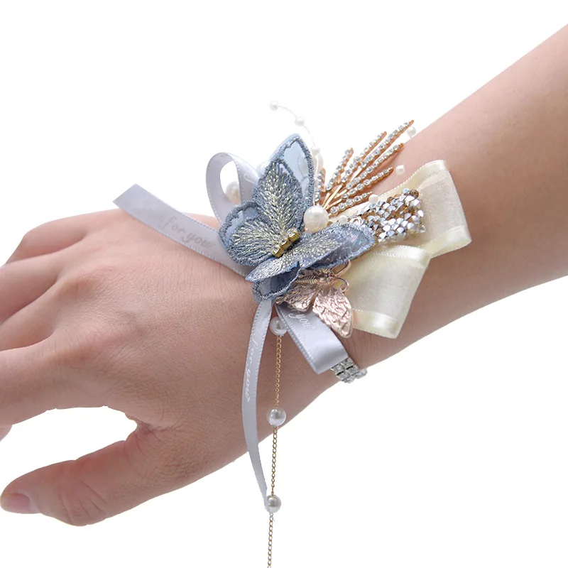 Luxury Butterflies Silk Ribbon Artificial Flowers Bracelet Wedding Accessories Bridal Bridesmaid Corsage Wrist Flower