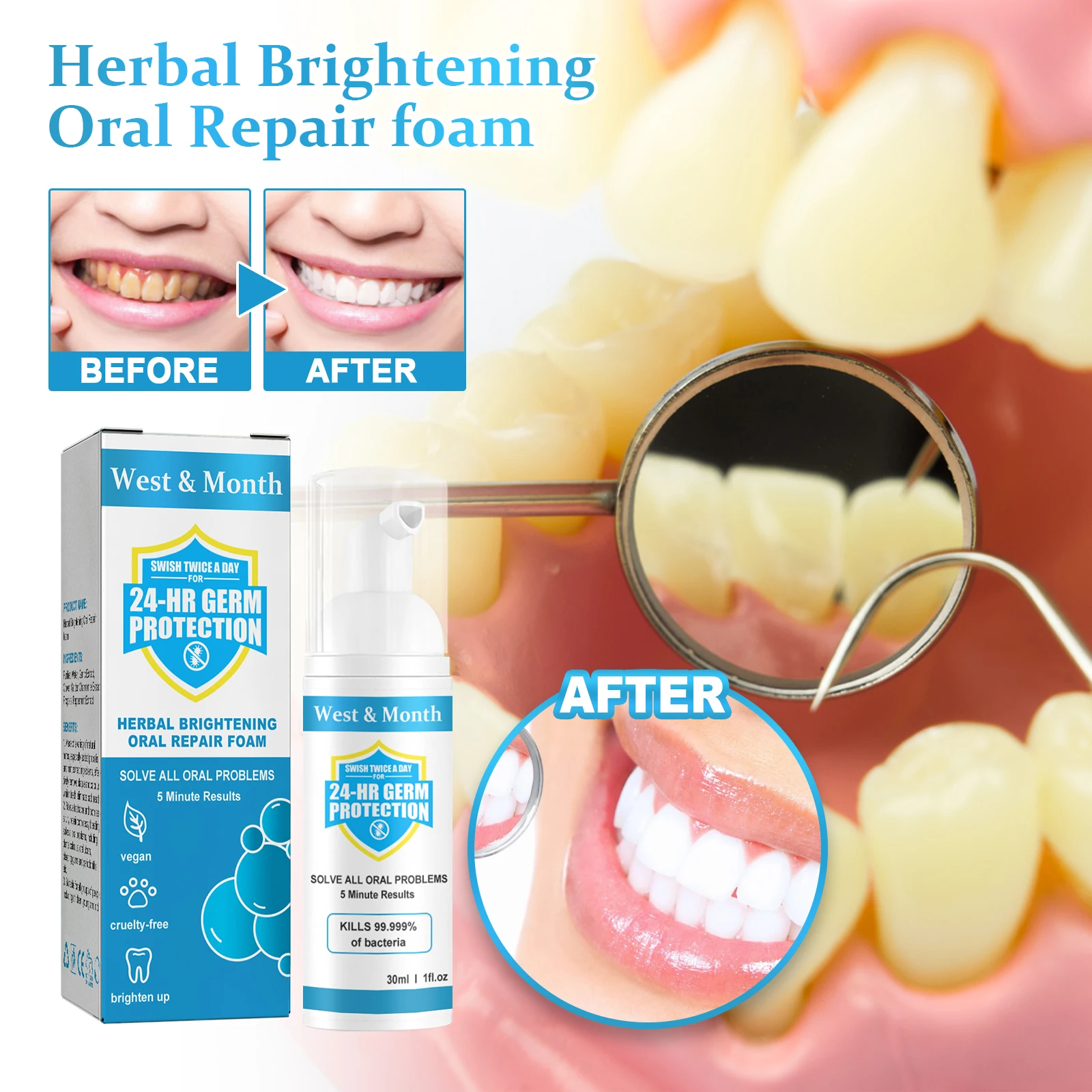 West&Mouth Herbal Brightening Oral Repair Foam Toothpaste Natural Herbal Plant Fresh Breath Oral Mousse Toothpaste