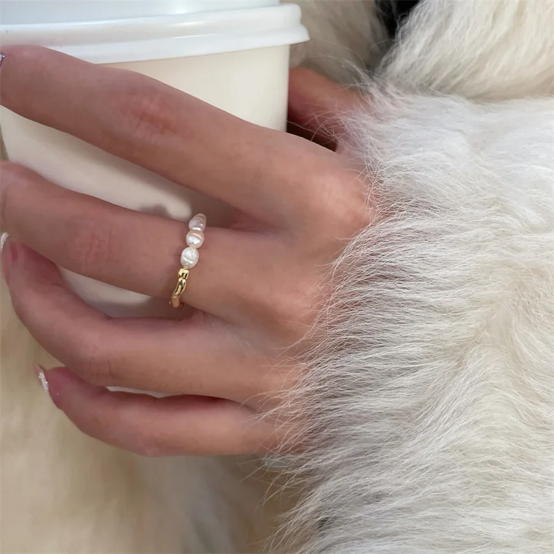Fashion 18K Gold Geometric Jewelry Adjustable Elastic Rope Pearl Ring  For Women