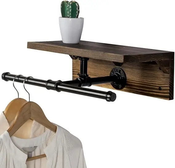 Wall Mounted Garment Rack with Top Rustic Burnt Solid Wood Shelf