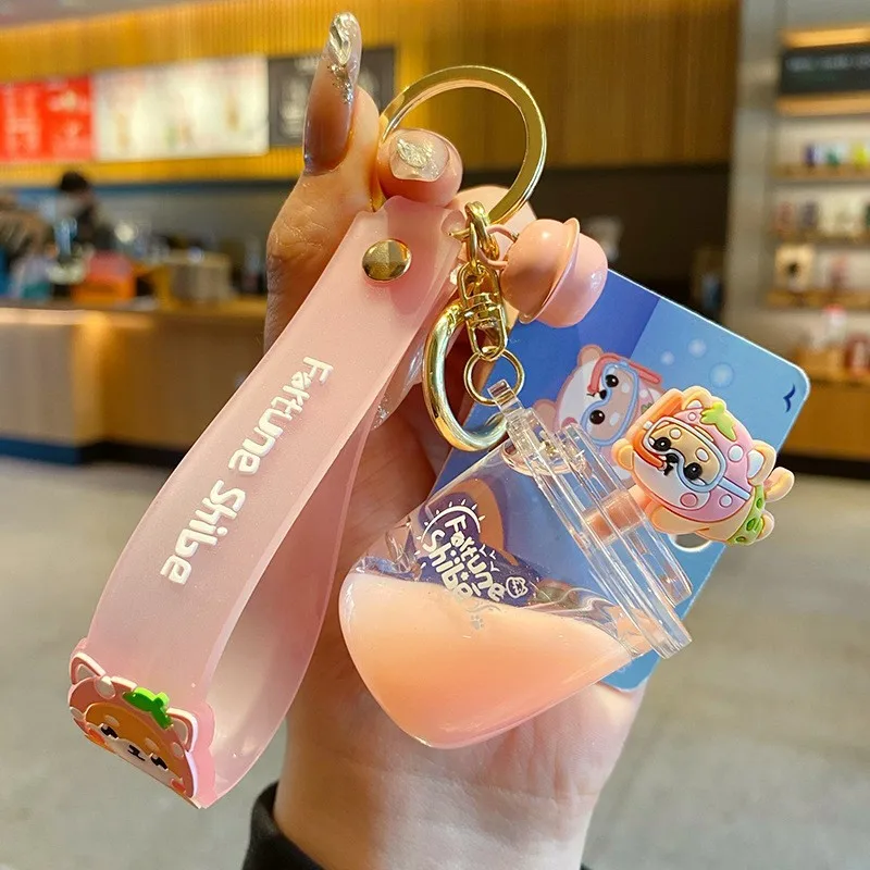 Baimao Wholesale genuine cartoon Shiba Inu Poba milk tea cup liquid key chain Kawaii Summer dog Quicksand cheap key chain