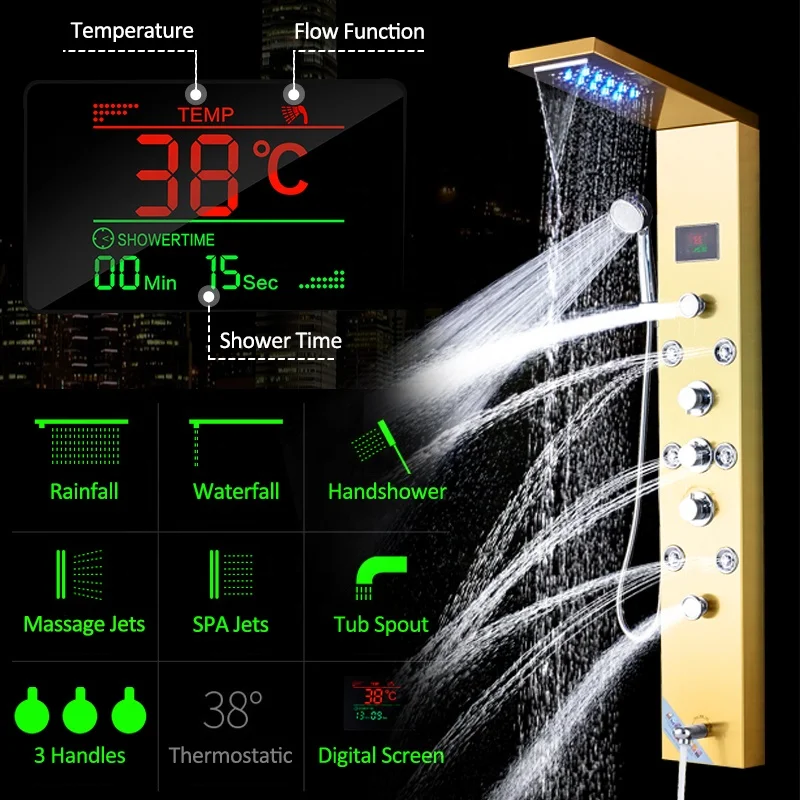 Gold Nickel Digital Shower Panel Column LED Rain Waterfall Shower Massage SPA Jets Tub Spout 3 Handles Mixer Tap Digital