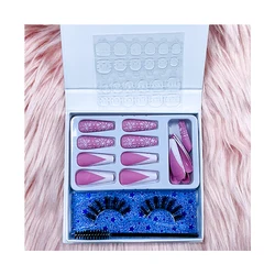 New Arrival Matte Pink Eyelash Packaging Free Sample Women Luxury Press on Nails and Fake Faux Mink Eyelashes Lash Set