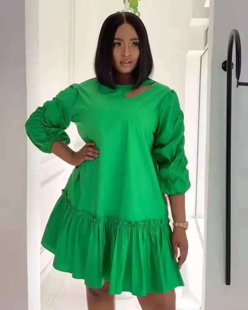 summer Fall 2022 women clothes ruffled pleated zipper solid color shirt T-shirt dress long-sleeved splicing casual dresses