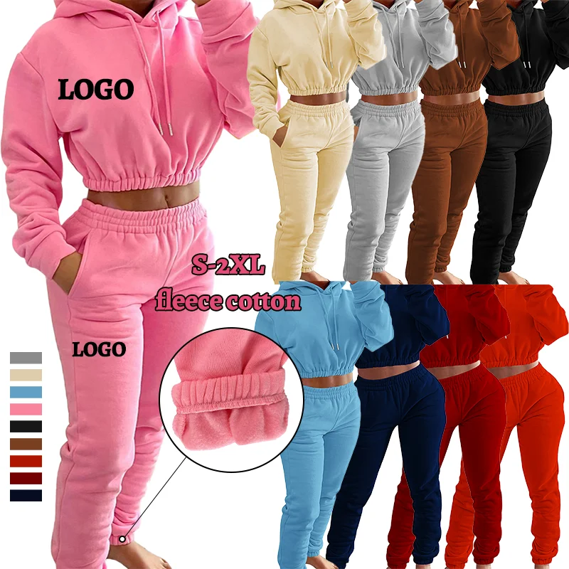 Winter Clothing 2022 Fashion Crop Jogger Thick Fleece 2 Piece Set Women Sweatsuit Tracksuits Set Sweatpants And Hoodie Set