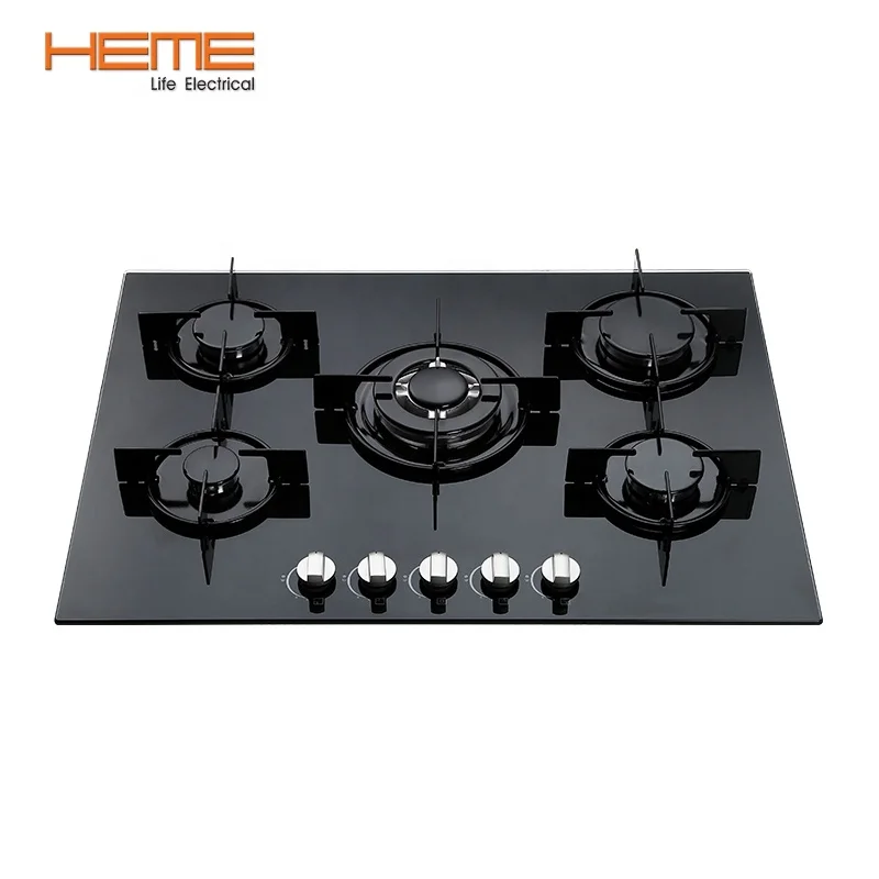 Home Kitchen Tempered Glass Top Stove 5 Burner Auto Ignition Built in Gas Cooktop