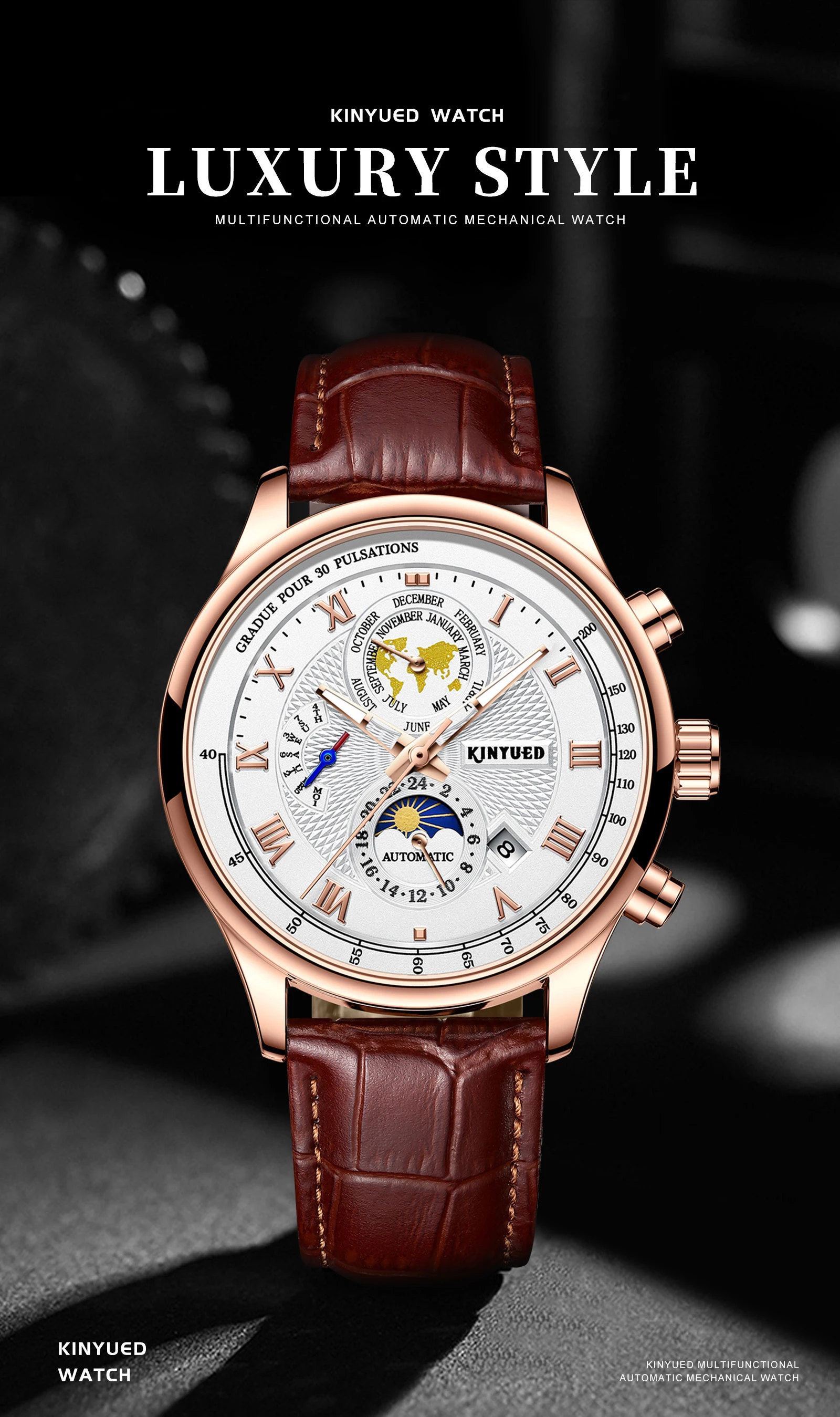 KINYUED Skeleton Watches Mechanical Automatic Watch Men Tourbillon Sport Clock Casual Business Moon Wrist Watch Relojes Hombre