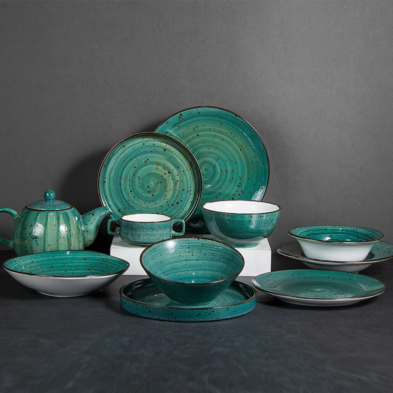 Rustic Speckle Handmade Porcelain Dinner Plates Set Dishware European Style Restaurant Crockery Tableware Set Ceramic Dinnerware