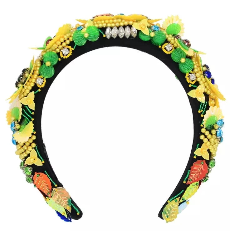 Bright Baroque Flowers Hand Woven Hair Accessories Stylish Pulsating Runway Hair Hoop Green Yellow Rhinestone Flower Headband -