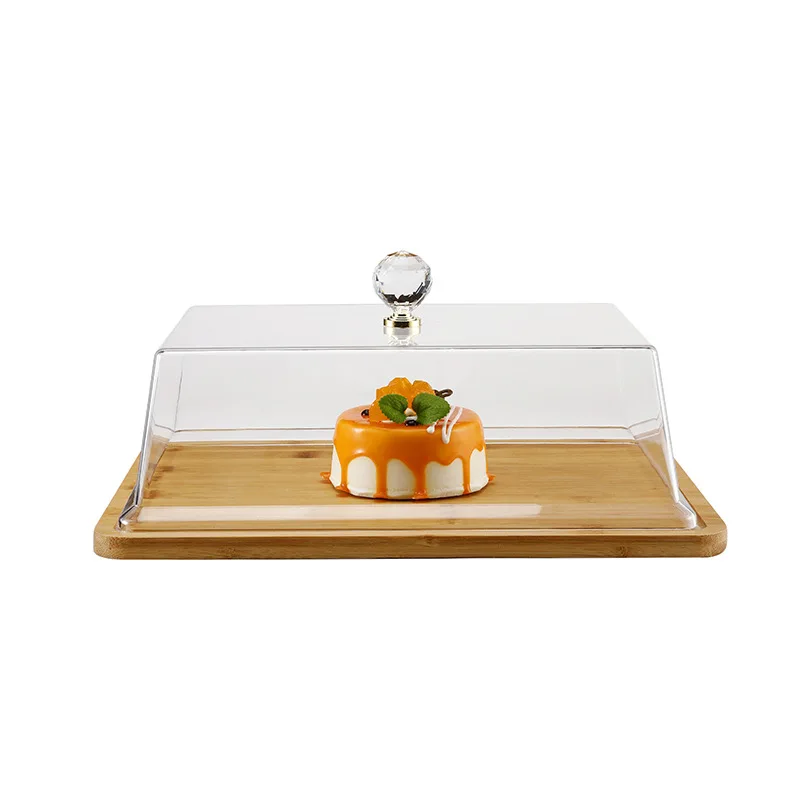 Luxury Cake Display Server Tray  Acrylic Transparent Protective Cover Bamboo Tray Wood Plater
