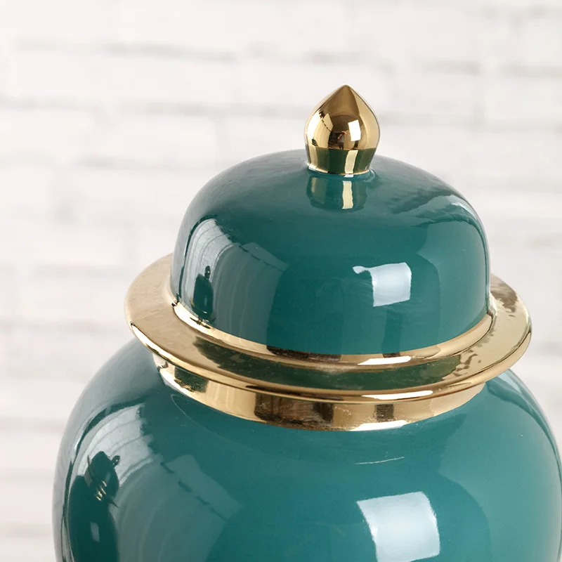 Factory Sell Modern Home Decoration Green Glazed Gold Rim Ceramic Decorative Ginger Jar