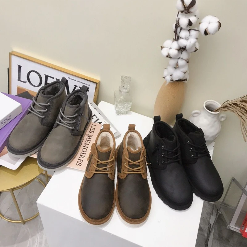 2021 New Designer Stylish Winter Lace Up Real Sheepskin Casual Ankle Leather Boots for Men