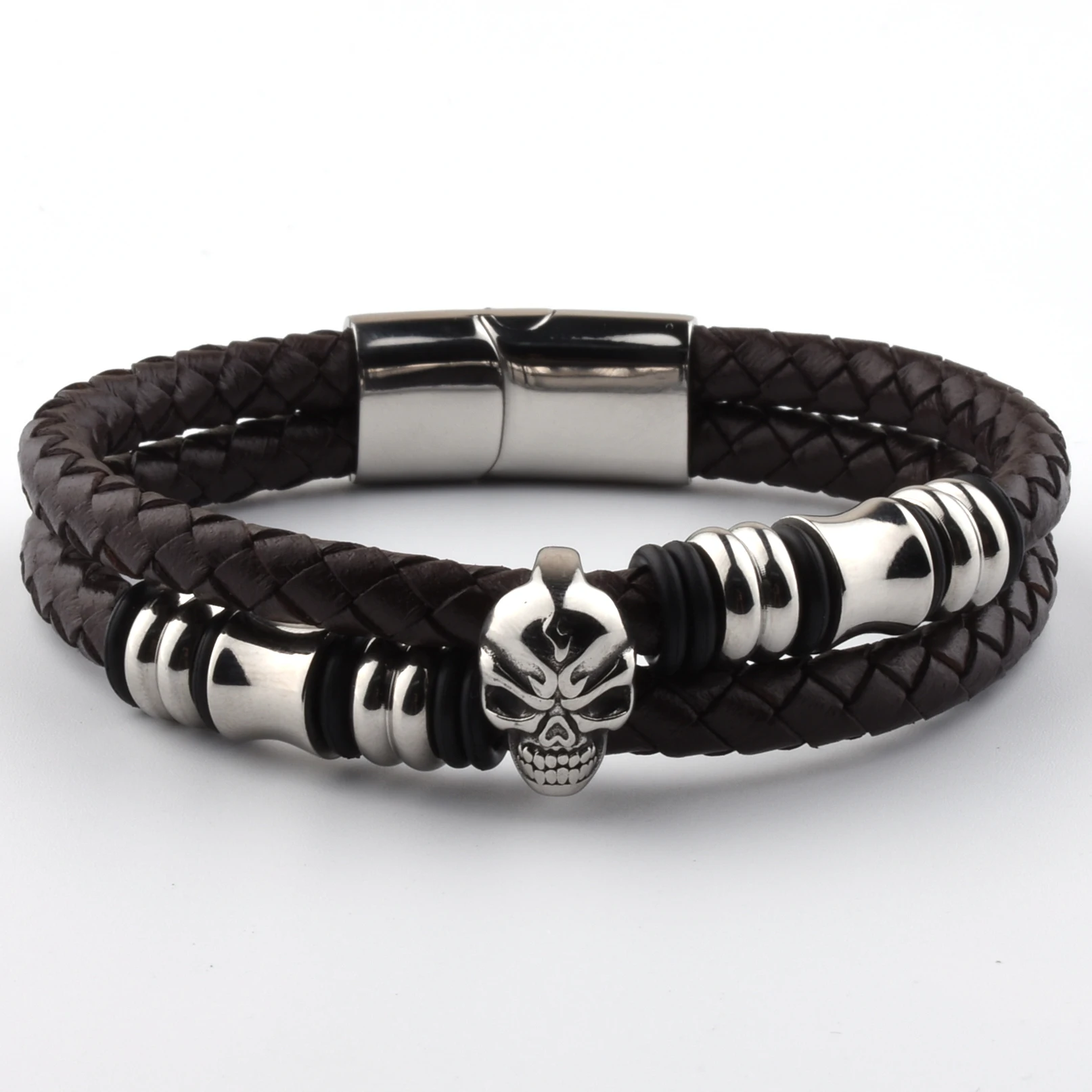 Hot Sale Item Interesting Stainless Steel Skull Silver lated Truth Leather Amega Magnetic Truth Leather Bracelet