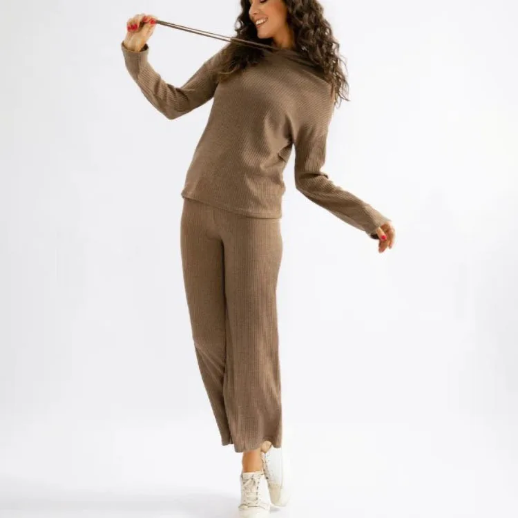 winter women two piece set High Quality Hoodie Joggers Set Women Ribbed Trim Knitted Sweater 2 pieces Pant Sets