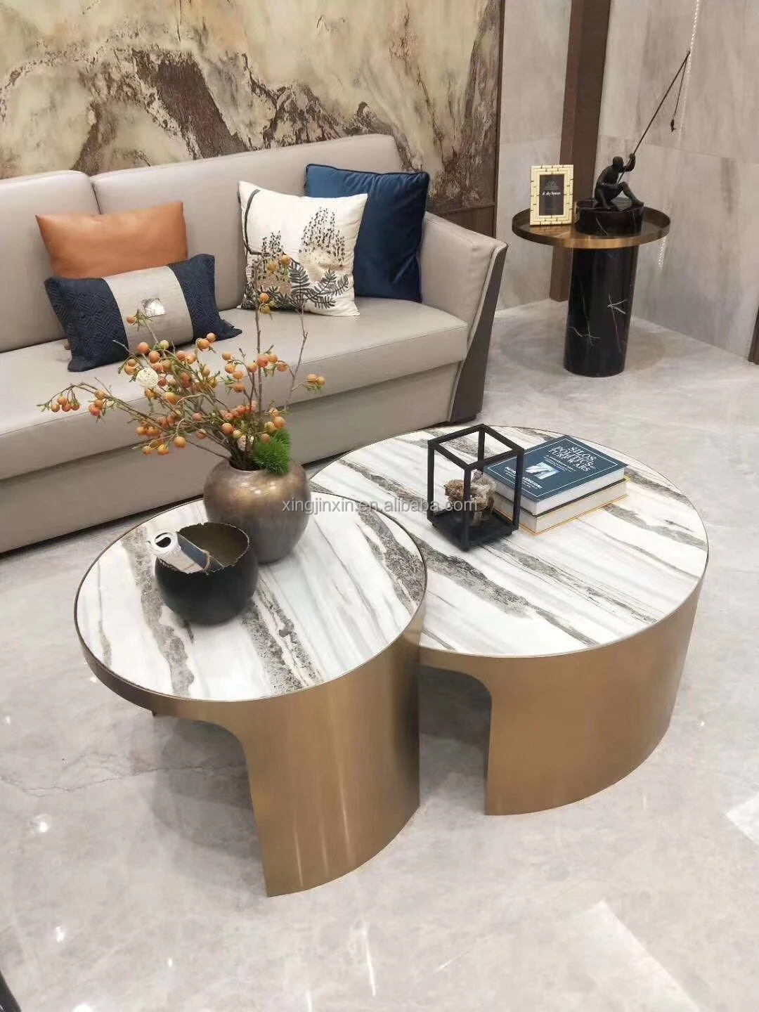 Luxury Living Room Furniture  Gold Round Marble Table Tops Center Coffee Table