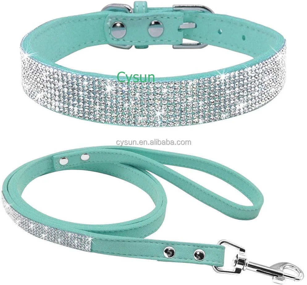 
Fashion Sparkling Suede Leather Bling Rhinestone Crystal Jeweled Pet Cat Dog Puppy Collar Dog Leash Combo Set 