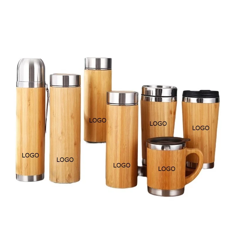 Custom Logo Double Wall Vacuum Insulated Travel Coffee Stainless Steel Wood Wooden Bamboo Tumbler Mug with Lid