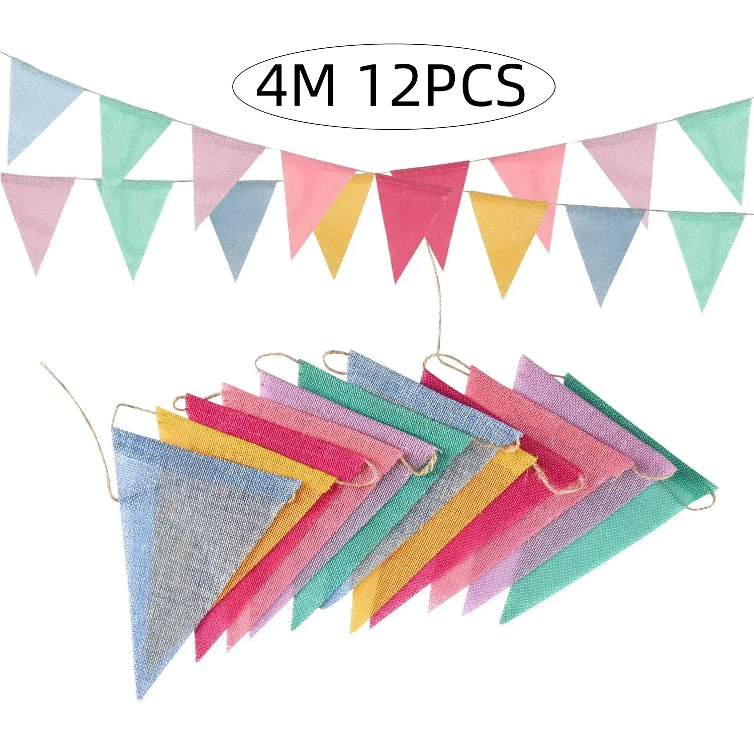 4M 12PCS Birthday Bunting Colorful Linen Flags Pennant Banners Wall Hanging Wedding  Banner Party Garland Home Decor