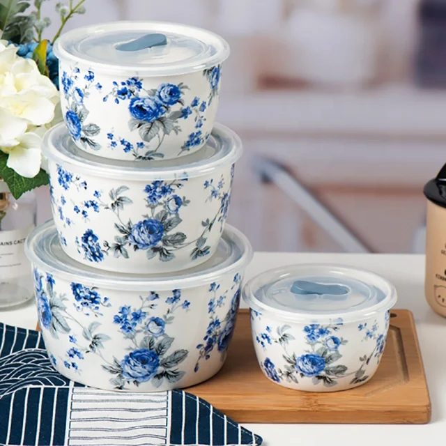 hot sale plastic Blue roses ceramic new bone china good leakproofness fresh bowl microwave oven bowl 4pcs preservation bowl set