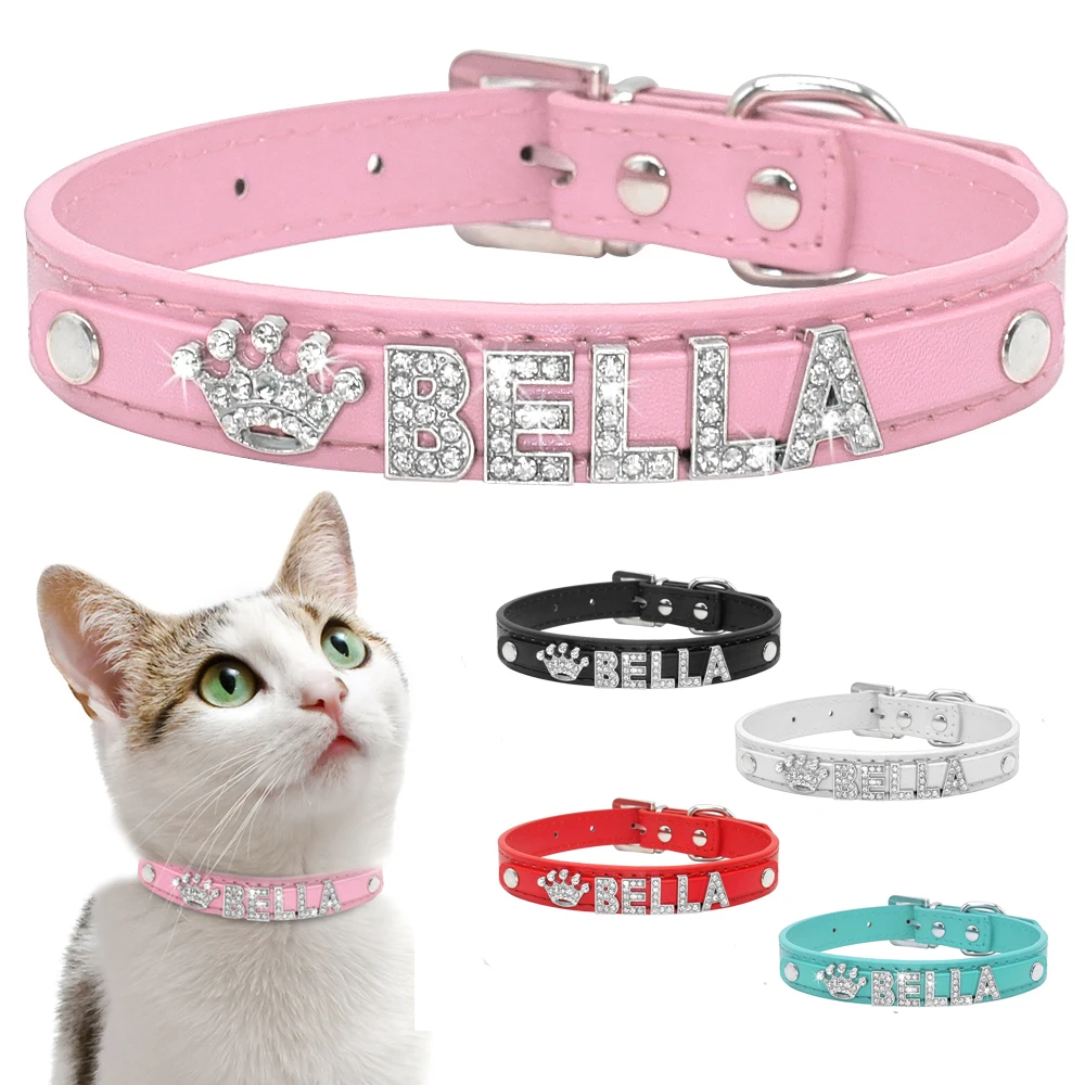 Personalized DIY Dog Name PU Leather Collar Rhinestone Bling Charms Pet Cat Collars